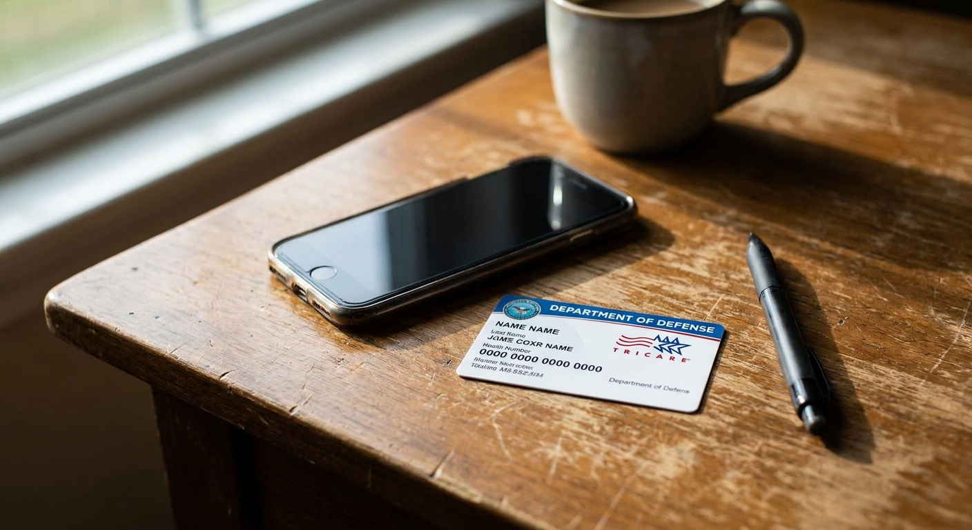 TRICARE insurance card on table with smartphone and pen in natural lighting