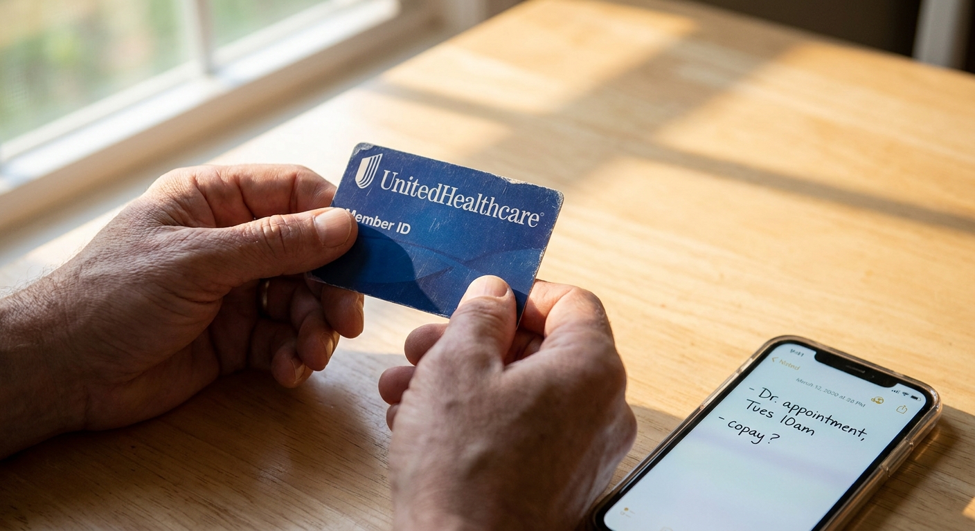 Hands holding a UnitedHealthcare insurance card at a kitchen table with smartphone, preparing to verify mental health treatment coverage