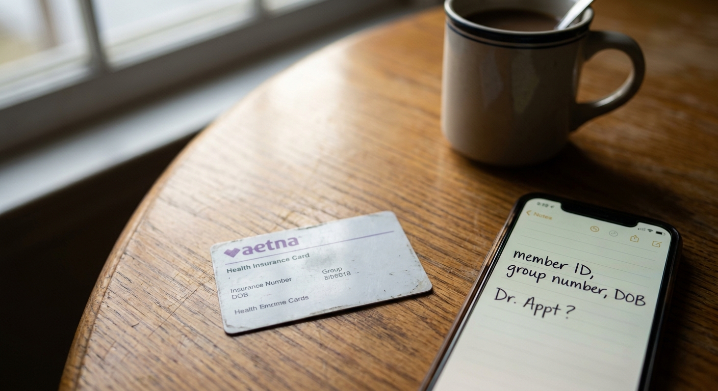 Aetna insurance card and smartphone with benefits verification checklist on kitchen table