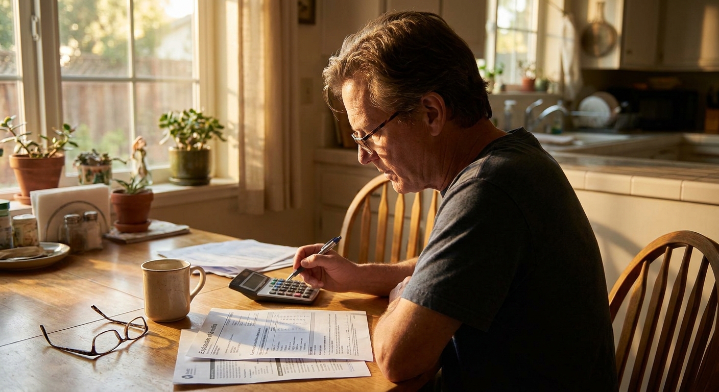 Parent reviewing insurance benefits and treatment cost documents at home kitchen table in natural light