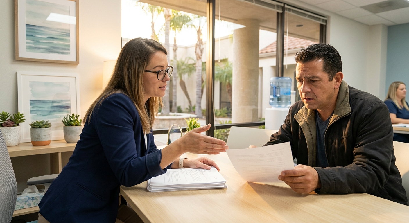 Admissions counselor at Fullerton treatment center reviewing insurance benefits with family member in natural light